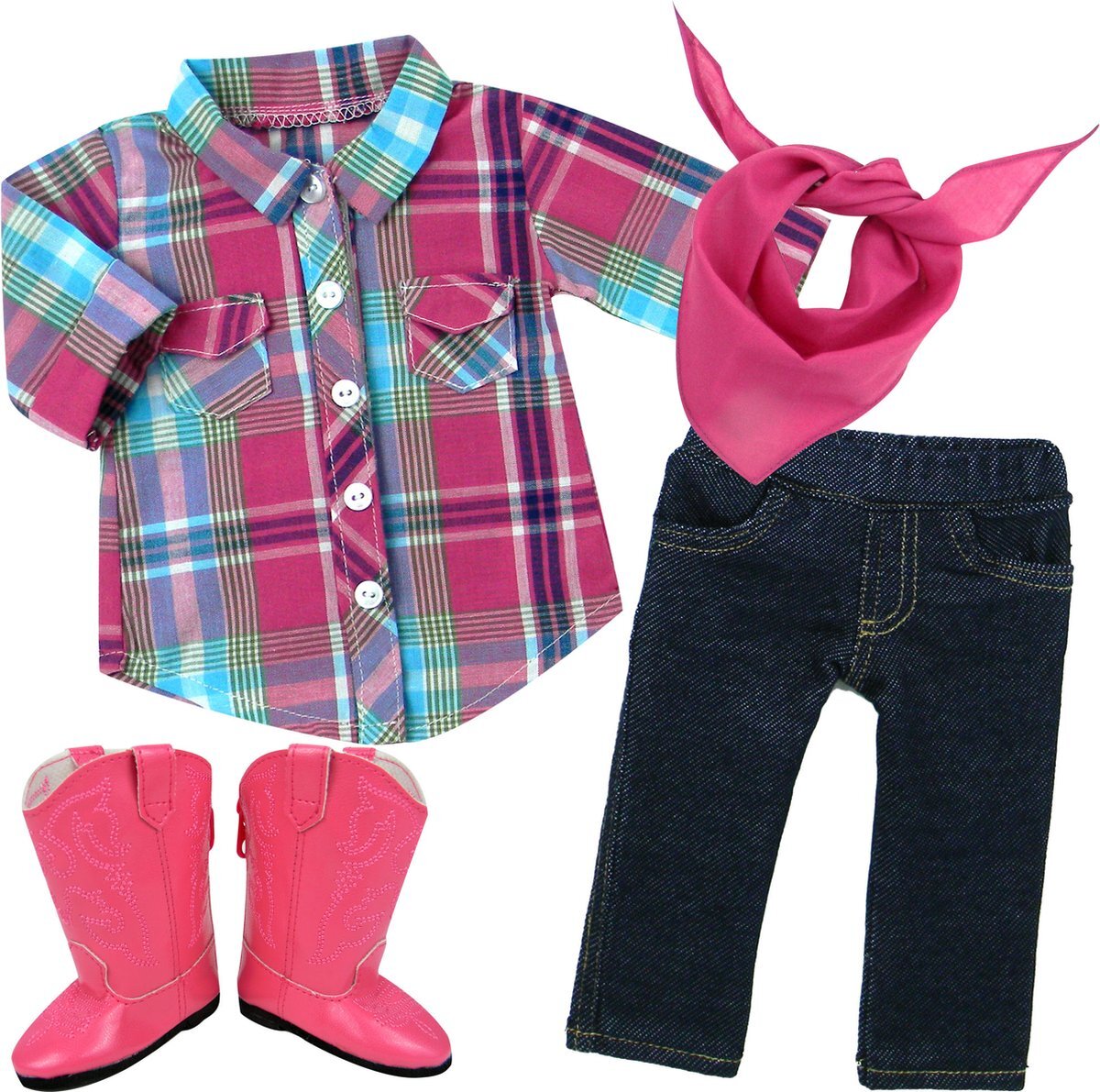 Sophia's by Teamson Kids Poppenkledingset voor 18" Poppen - Geruite Overhemd, Denim Jeggings, Bandana en Cowgirl Laarzen - Poppen Accessoires - Roze (Pop niet inbegrepen)