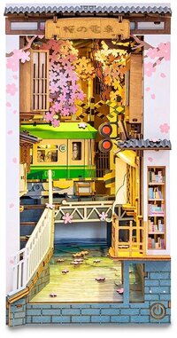 Robotime Book Nook Shelf Insert - Miniatuurhuisje Tokyo Trein met Ledverlichting - 340 stukjes - 3d Houten Puzzel - 18.5 x 10 x 24.2 cm - Boekenhouder - Bouwpakket voor Volwassenen en Kinderen - DIY - Sakura Densya