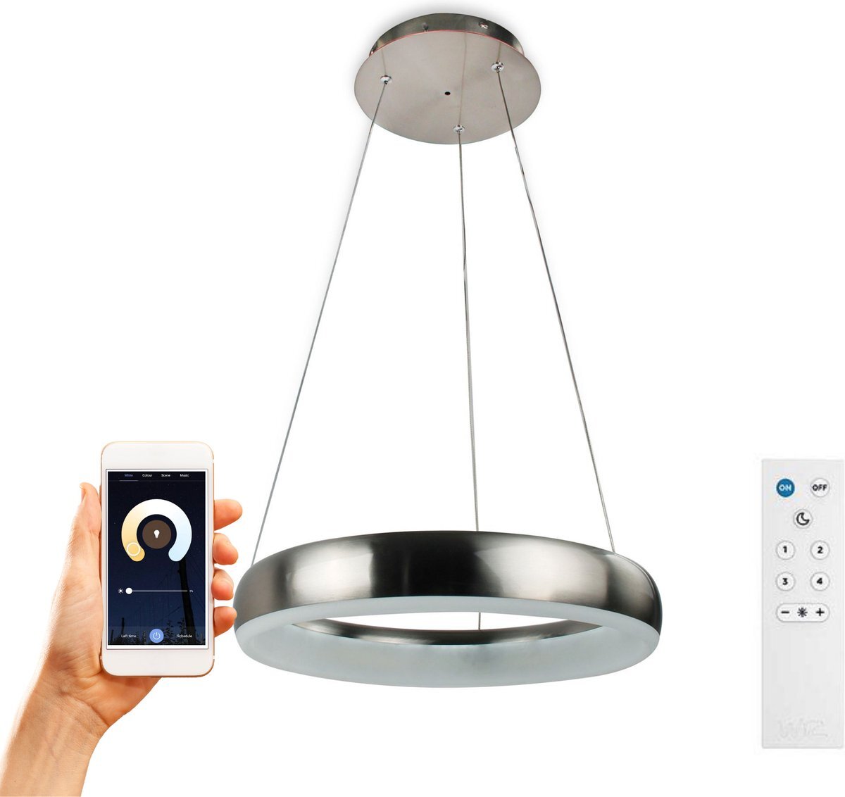 Proventa Smart LED Hanglamp rond 60 cm - Bedienbaar met afstandsbediening en app - White & Color - Zilver