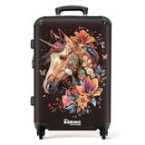 NoBoringSuitcases.com® - Kinderkoffer groot - Kindertrolley koffer - Eenhoorn en bloemen op zwarte achtergrond - Rolkoffer lichtgewicht - Reiskoffer met 4 wielen - Grote trolley XL - 20 kg bagage