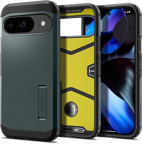Spigen Tough Armor Hoesje Geschikt voor Google Pixel 9 / 9 Pro - Back Cover met Kickstand Groen
