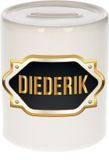 Bellatio Decorations Shoppartners Bv Spaarpot met voornaam Diederik - wit - met goud/zwart embleem - 8 x 9 cm - keramiek - met afsluitdop - cadeau verjaardag