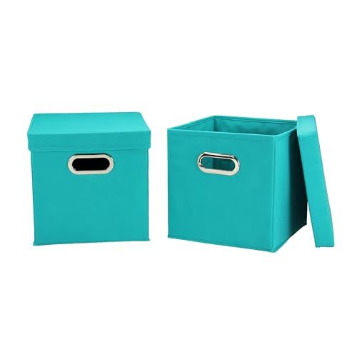 Household Essentials Decorative Storage Cube Set with Lids - Aqua - 2 Pack
