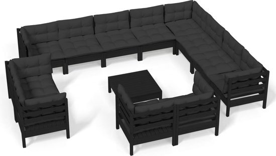 vidaXL 13-delige Loungeset met kussens massief grenenhout zwart