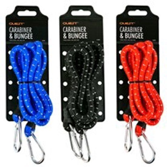 Elastiek met karabijnhaak rvs div. kleuren voor bagage en trolley festival klimmen bungee rope elastische