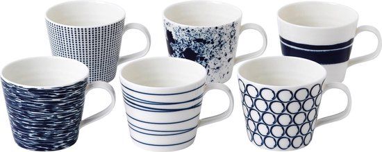Royal Doulton Pacific Mok / Beker - Porselein - Wit / Blauw - 280 ml - Set van 6