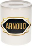 Bellatio Decorations Shoppartners Bv Spaarpot met voornaam Arnoud - wit - met goud/zwart embleem - 8 x 9 cm - keramiek - met afsluitdop - cadeau verjaardag