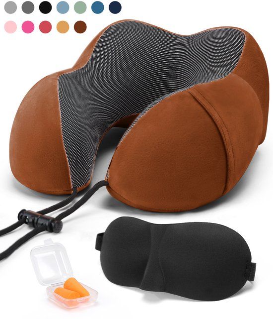 SKYCASES Nekkussen Set 3-delig - Ergonomisch Memory Foam Reiskussen met Oogmasker en Oordoppen - Bruin
