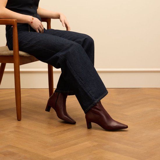 Manfield Dames Bordeaux Rode Leren Enkellaarsjes Met Hak Maat 38