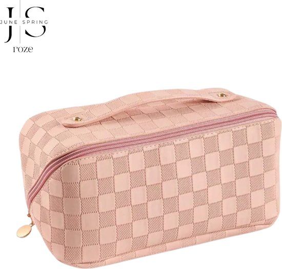June Spring Geruite Toilettas Roze - MakeUp Organizer