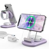 Oplaadstation Apple Watch en iPhone, compatibel met MagSafe-oplader, paars | 3-in-1 iPhone-laadstation voor iPhone 17e/Air-12-serie, 15 W draadloze oplader voor inductief laadstation, nachtlampje