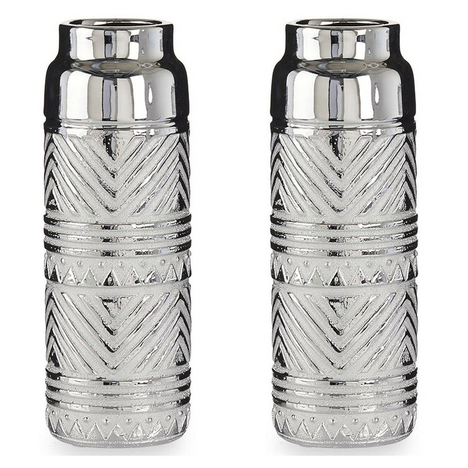 Gift Decor Bloemenvazen - 2x Zilver - Modern Luxe Motief - 10 x 30 cm - Keramiek