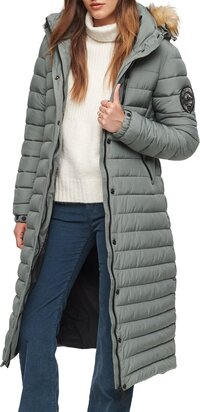 Superdry Fuji Hooded Longline Puffer Dames Jas - Balsam Green - Maat Xl