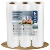 PORTENTUM Vacuümzakken voor levensmiddelen, 3 rollen, 20 cm, totale lengte 900 cm, LFGB-gecertificeerd en BPA-vrij