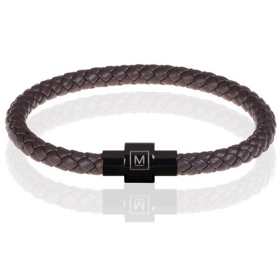 Memphis Armband Leer met Edelstaal Donkerbruin Zwart - 24cm