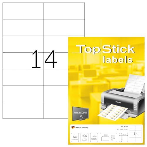 TopStick 8714 universele etiketten A4 (105 x 42,3 mm, 100 velle, papier, mat) zelfklevend, bedrukbaar, permanente klevende adreslabels, 1.400 etiketten voor printer, wit