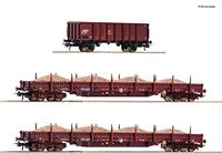 Roco 77041 H0 3-delige set goederenwagons van de DR twee platte wagens type Res, open goederenwagen Ga