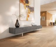 DELIFE Cuor Meuble-TV 200 cm Céramique Béton gris 1 Clapet 1 Tiroir Pied optique flottant Verre acrylique