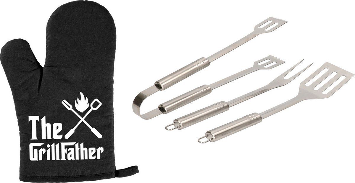 Trendo Barbecue gereedschap set 3-delig 33 cm RVS - Met BBQ handschoen The Grillfather - Vaderdag cadeau