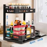 VINATO Organizer voor keukenonderkast, 2 niveaus, uittrekbare organizer, wastafel, in hoogte verstelbaar, rek voor wasmiddel, ruimtebesparend onder de gootsteen, voor badkamer/eetkamer, zwart