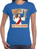 Bellatio Decorations Foute kersttrui t-shirt Party Jezus - Blauw - Party like its my birthday - voor dames - kerstkleding / christmas outfit XL