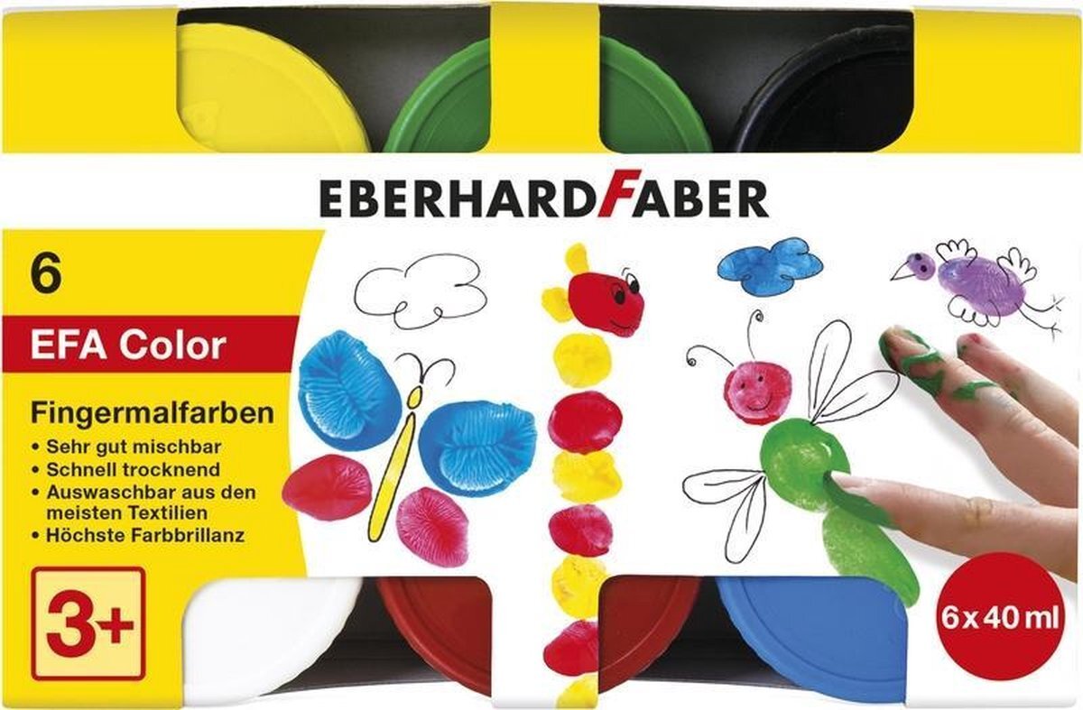 Eberhard Faber 578606 - EFA Color vingerverfset met 6 potjes van elk 40 ml, sneldrogend en uitwasbaar, voor het mengen en voor creatief schilderplezier