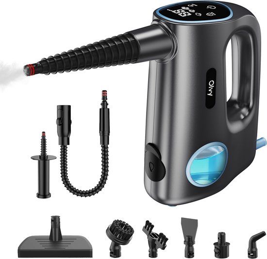 Olvy Handstoomreiniger, 1200 W, draagbaar, hogedrukstoom, met 3 stoomstanden en 10-delige accessoireset, tank van 380 ml, voor thuis, tegels, meubels, keuken en badkamer