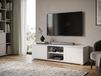 Meuble TV bas 120 cm Blanc. Meuble TV naturel avec rangement, meuble TV aspect bois avec portes moderne, salon