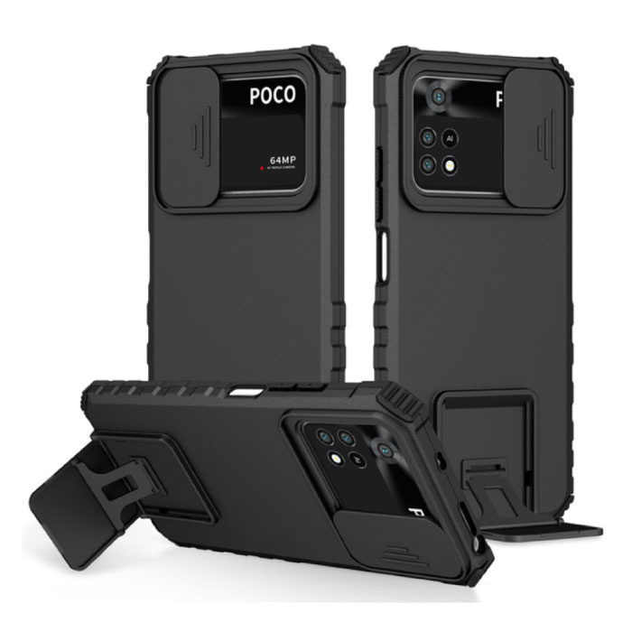 Keysion Keysion Xiaomi Poco M4 Pro (4G) - Kickstand Hoesje met Camera Slide - Cover Case Zwart