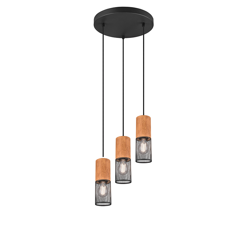 TRIO LEUCHTEN IndustriÃ«le hanglamp zwart met hout 3-lichts - Manon