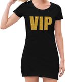 Bellatio Decorations VIP tekst jurkje met gouden glitter letters voor dames - Zwart jersey jurkje 44