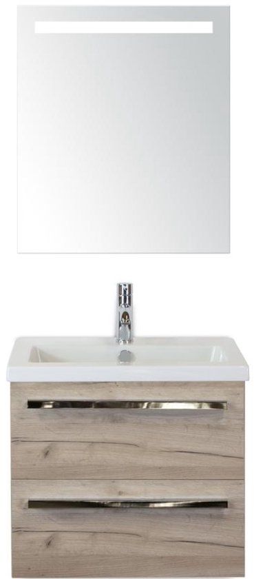 BES LED Seville Badmeubelset 60 cm - Craft Oak - Keramische Wastafel Wit Djazz met Sence Spiegel