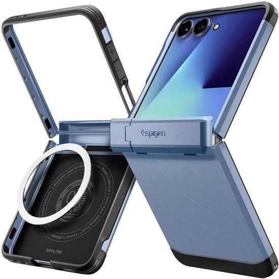 Spigen Tough Armor Hoesje Geschikt voor Samsung Galaxy Z Flip 7 | Compatibel met MagSafe / Qi2 | Back Cover Militaire Standaard | Kickstand | Blauw