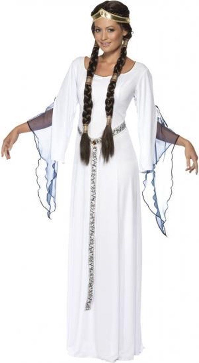Smiffys Witte lange middeleeuwse jurk verkleed kostuum voor dames - Carnavalskleding middeleeuwen thema verkleedoutfit - Jonkvrouw/prinses kostuum - Griekse/Romeinse godin 40-42 (M)