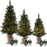 Meisterhome Set van 3 Realistische Kunstkerstbomen -groen met Warmwit LED – 75 / 90 / 125 cm – Jute Voet & Vlamvertragend PVC - Kerstboom met verlichting