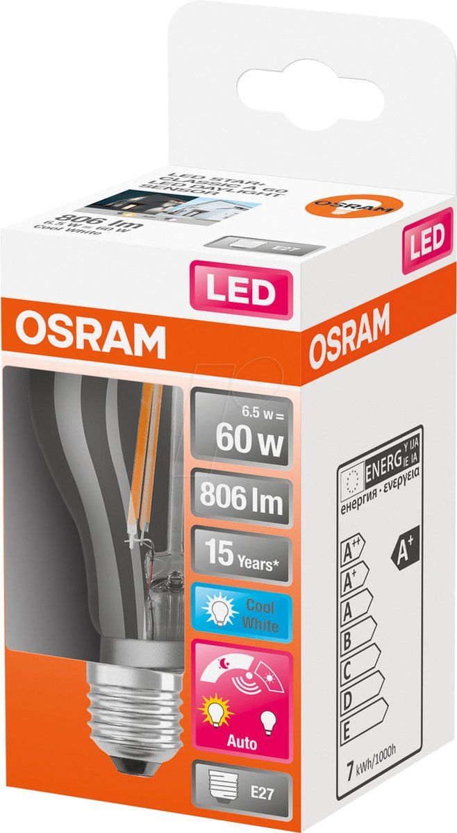 Osram LED STAR+ Filament Daylight Sensor A60 - 6.5W E27 Koel Wit 4000K | Vervangt 60W