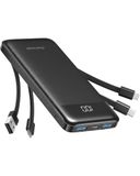 Charmast Externe batterij 10.000 mAh met 4 geïntegreerde kabels, draagbare batterij, USB C, dun, powerbank met 6 uitgangen en 3 ingangen voor iPhone 12 13 11 Samsung S21 S22