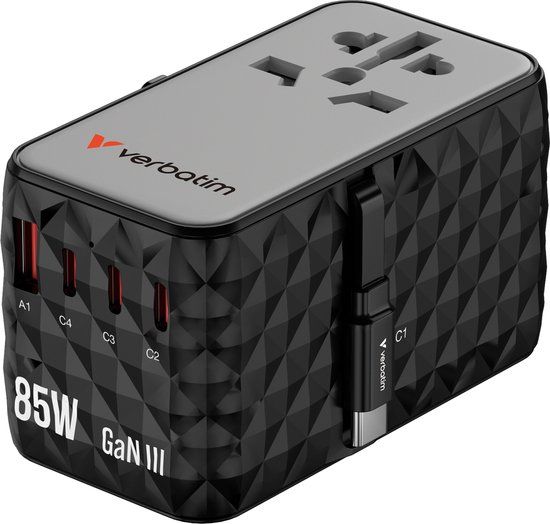 Verbatim Charge 'n' Travel GaN III universele reisadapter 85W - Zwart