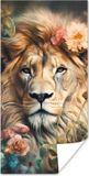 PosterMonkey Poster Leeuw - Leeuwenkop - Wilde dieren - Bloemen - 40x80 cm