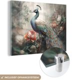 MuchoWow® Glass Painting 120x90 cm - Acrylic Glass Painting - Peacock - Feathers - Bird - Jungle - Flowers - Photo on Glass - Paintings