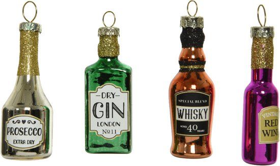 Decoris 4x Glazen Kersthangers Flessen Drank 6,5 cm - Kerstversiering Ornamenten