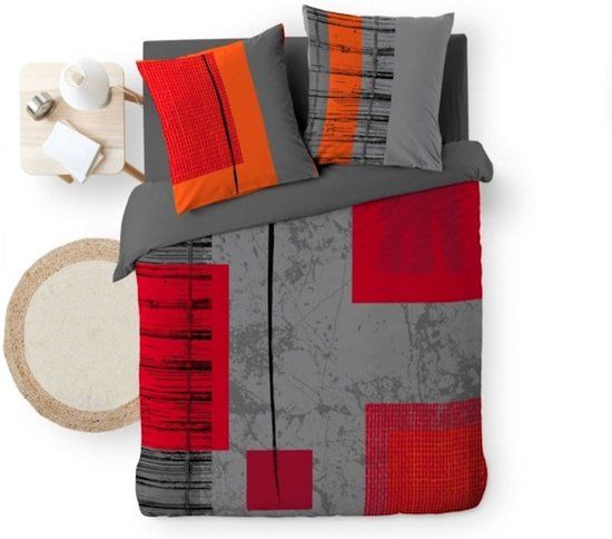 Douceur d'Intérieur Dekbedovertrek Quadro 240x220 cm Katoen Geblokt Rood/Grijs