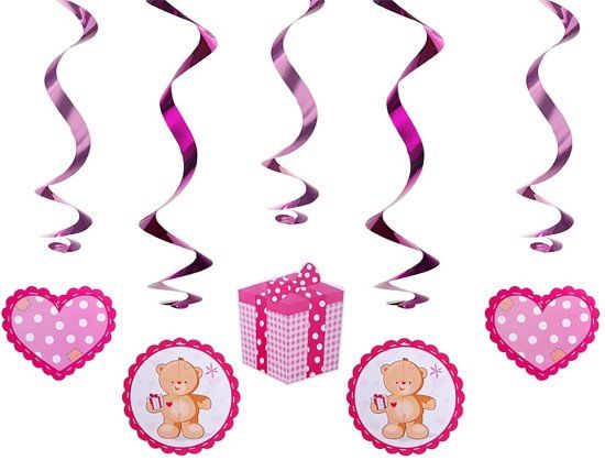 Partydeco Geboorte meisje versiering - Swirls roze beer - 5 stuks