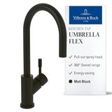 Villeroy & Boch Umbrella Flex Keukenkraan, hoge druk, keukenkraan met uittrekbare handdouche, 360 graden draaibaar, waterbesparende wastafelkraan, uitloophoogte 220 mm, mat zwart