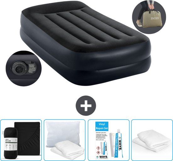 Intex Luchtbed - 1-Persoons - 99 x 191 x 42 cm - Blauw - Inclusief pomp - Hoeslaken - Kussen - Reparatieset en Kussenbeschermer