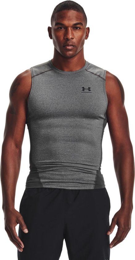 Under Armour UA HG Armour Comp SL-GRY Heren Sportshirt - Carbon Heather - Zwart