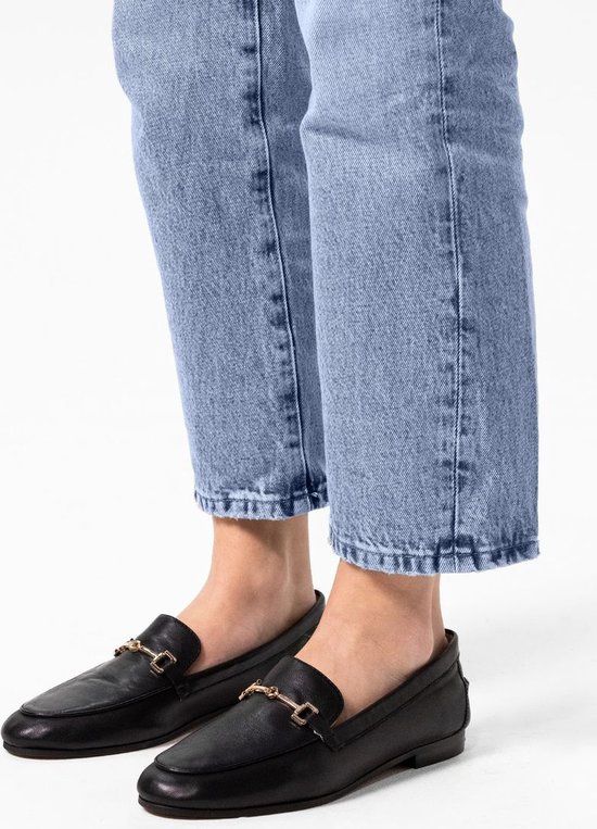 Sacha Dames Zwarte Leren Loafers met Goudkleurige Chain - Maat 42