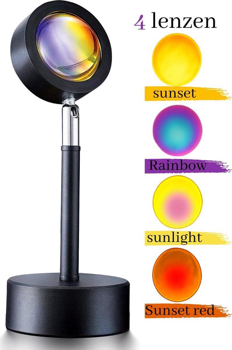 Glaow Sunset lamp met 4 kleuren lenzen - Tafellamp - Nachtlampje - sfeerverlichting