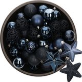 Decoris Shoppartners Bv Kerstballen en sterren ornamenten - 43x stuks - kunststof - donkerblauw