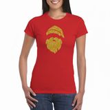 Bellatio Decorations Kerst t-shirt voor dames - rood - Kerstman hoofd - glitter bedrukking - goud M